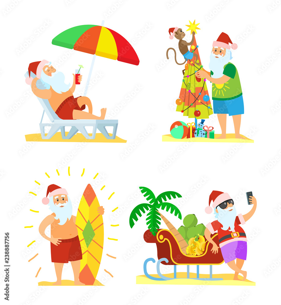 Collection of Christmas Beach Holiday Santa Vector