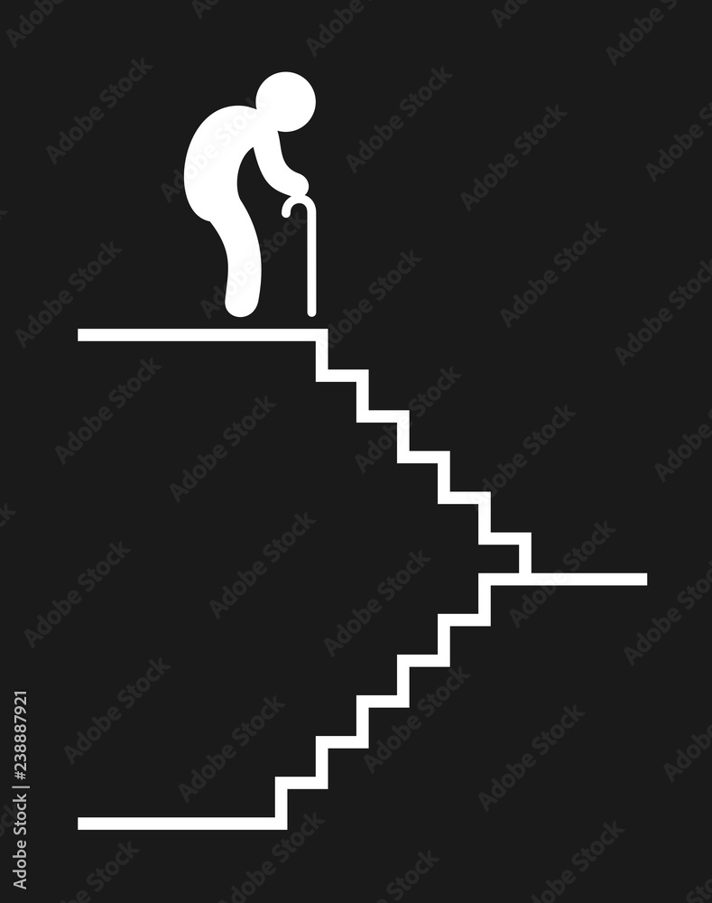 Old and elderly man with poor health and low mobility is walking on stairway and staircase. Aging and problems, troubles and difficulties. Vector illustration Old and elderly man with poor health and low mobility is walking on stairway and staircase. Aging and problems, troubles and difficulties. Vector illustration