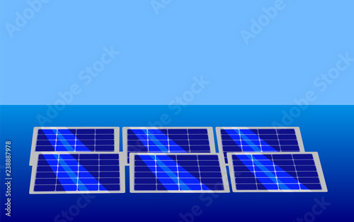 Vector image of floating solar panels on a sea and sky background