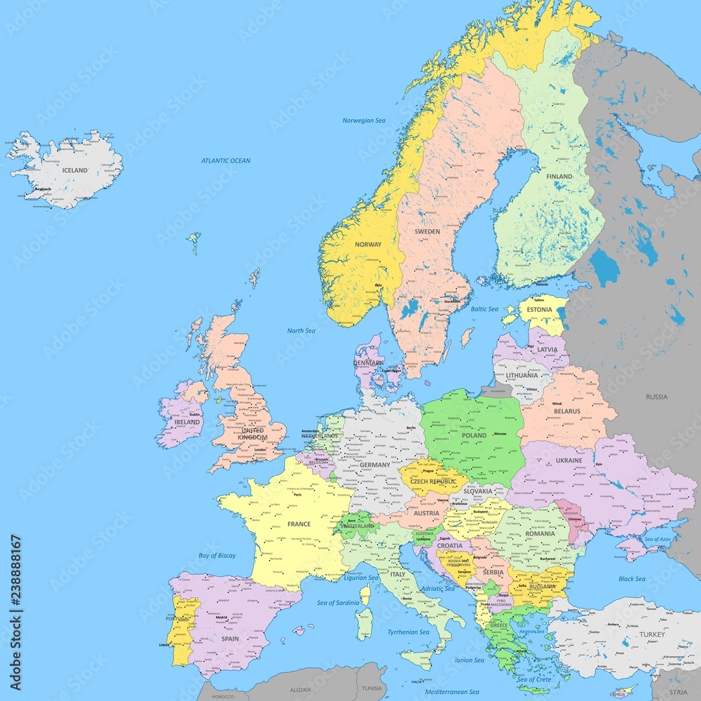 Mapa Europy Ze Stolicami Test Fototapeta Mapa polityczna Europy | Atlas kolorów o wysokiej
