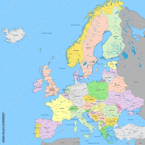 Europe political map | High detail color vector atlas with capitals, cities, towns names, seas, rivers and lakes | High resolution map of Europe in Mercator projection