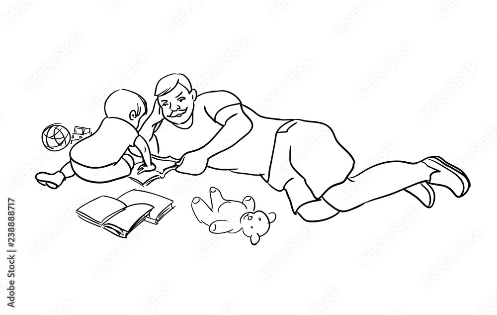 Father is playing with his son. Father is talking with toddler. Family time vector illustration, concept of happy parenting and childhood. Line art style	