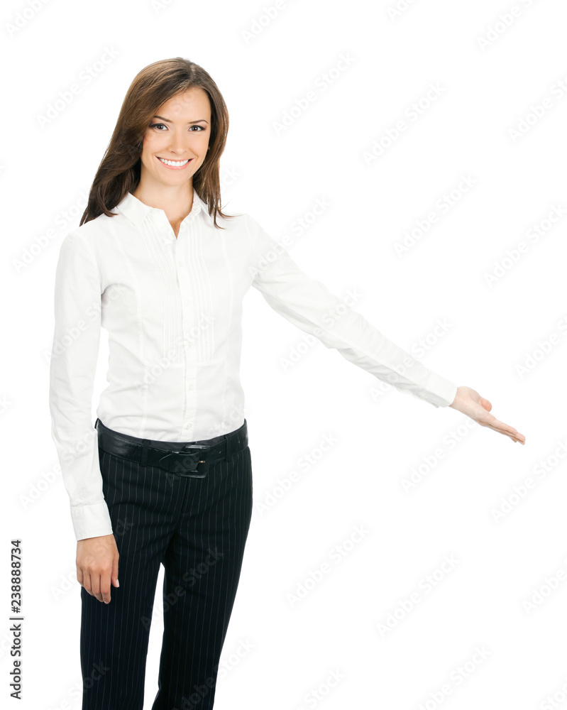 Business woman showing something, isolated Business woman showing something, isolated