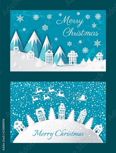 Merry Christmas Postcard Buildings Mountain Vector