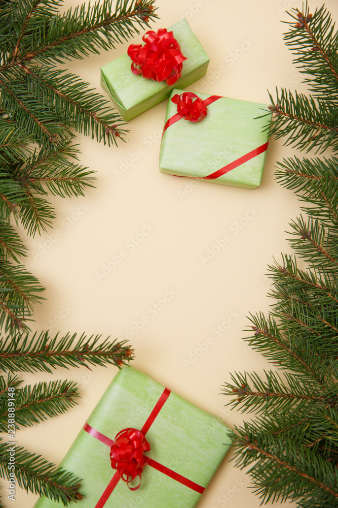 Christmas tree and gifts on wooned background. Christmas tree and gifts on wooned background.