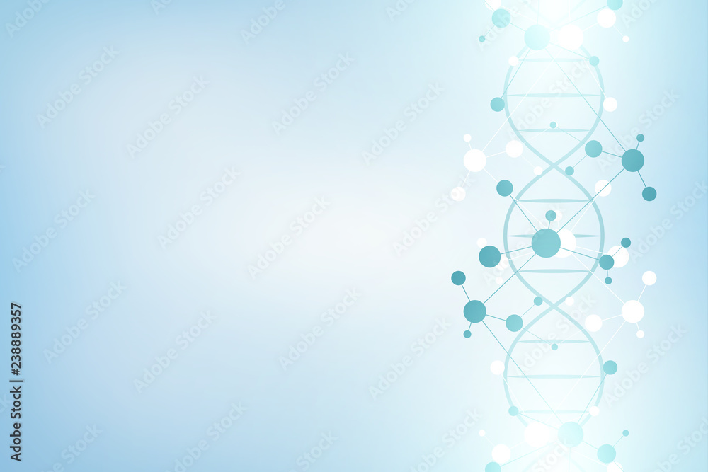 DNA strand and molecular structure. Genetic engineering or laboratory research. Background texture for medical or scientific and technological design.