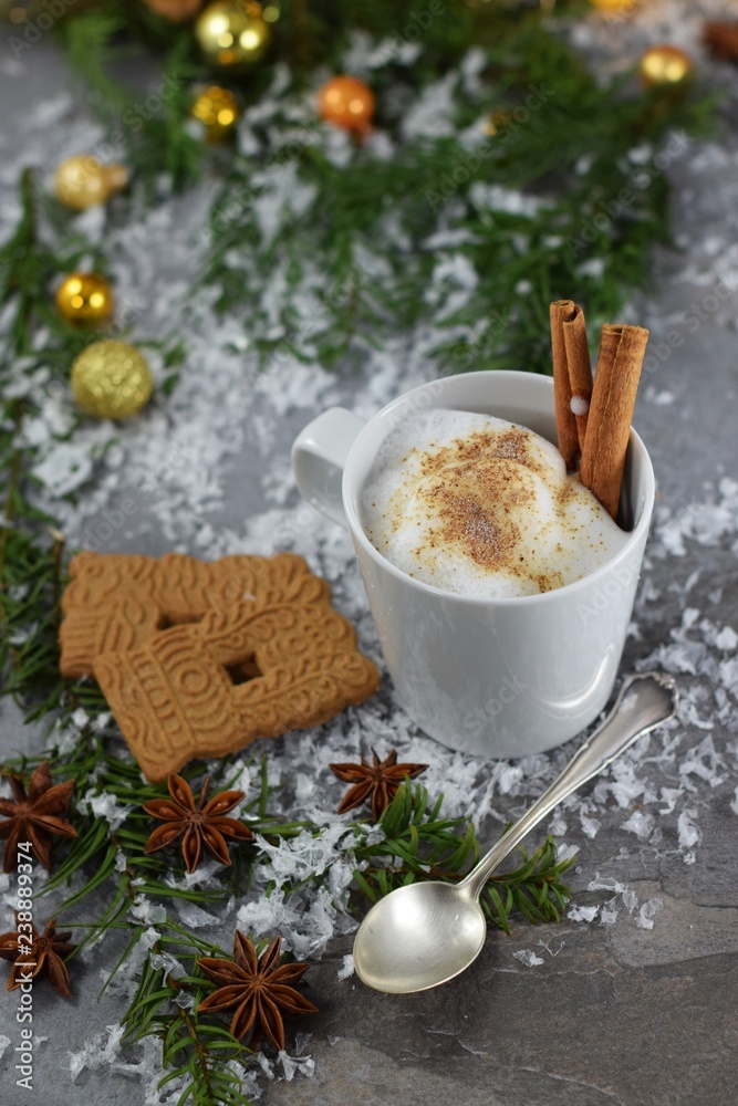 Tasse Kakao mit aufgeschäumter Milch, Zimtstangen, Spekulatius-Plaätzchen und Sternanis auf einem verschneiten Gartentisch Tasse Kakao mit aufgeschäumter Milch, Zimtstangen, Spekulatius-Plaätzchen und Sternanis auf einem verschneiten Gartentisch