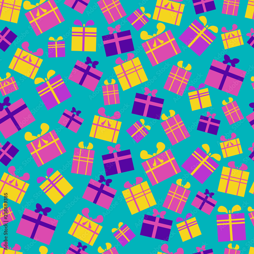 Seamless pattern of flat, bright, multi-colored gift boxes with ribbons and bows on a blue background. Vector illustration.