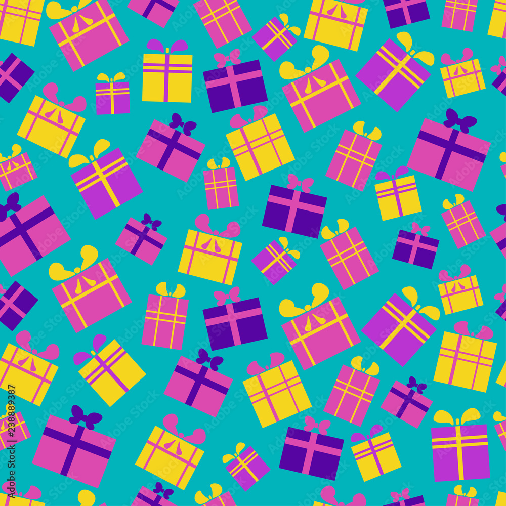 Seamless pattern of flat, bright, multi-colored gift boxes with ribbons and bows on a blue background. Vector illustration. Seamless pattern of flat, bright, multi-colored gift boxes with ribbons and bows on a blue background. Vector illustration.