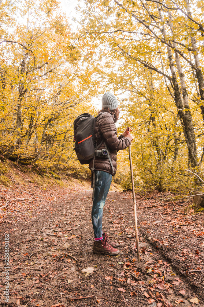 Woman with backpack walking in between trees Woman with backpack walking in between trees