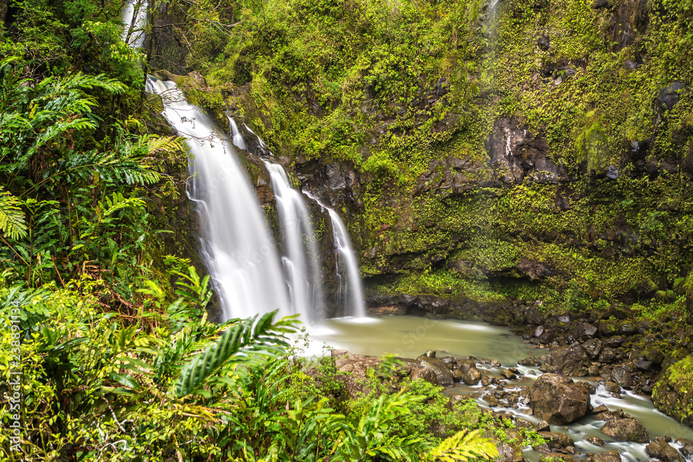 Three Bears Waterfalls / Waikani Falls on the Road to Hana in Maui, Hawaii
