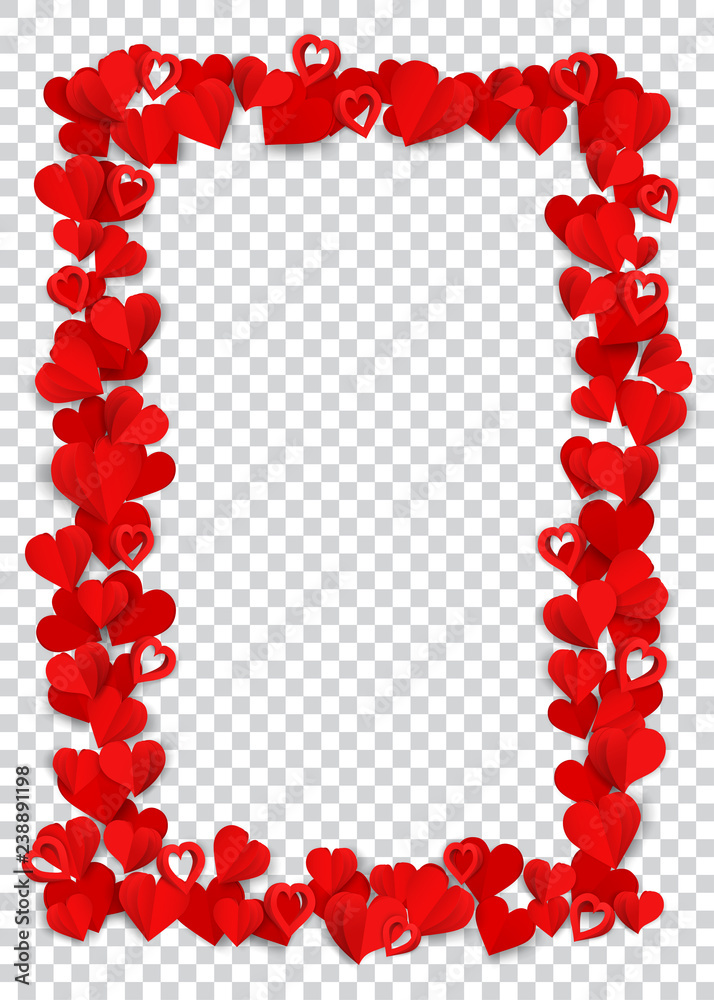 Vertical rectangle frame consisting of many small red paper hearts on transparent background Vertical rectangle frame consisting of many small red paper hearts on transparent background