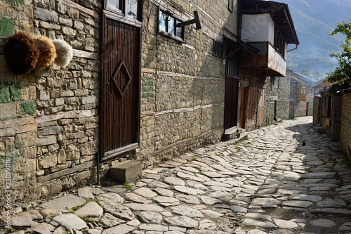 Street view on cobblestone street in the Lahic mountain village of Azerbaijan photo