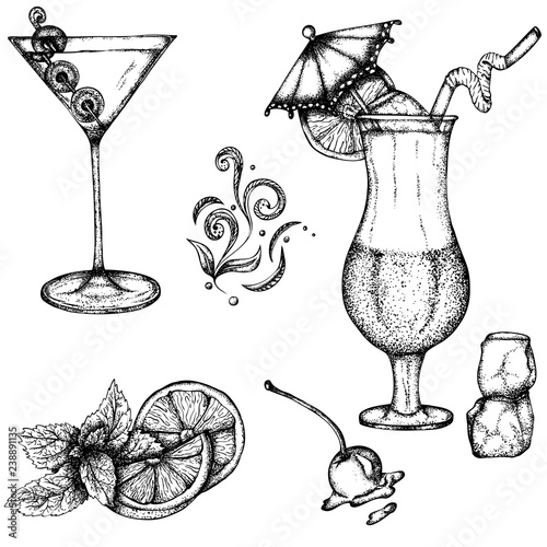 Set with alcoholic drinks: martinis and exotic cocktails decorated with an umbrella. Vector hand drawn illustration. Monochrome drawing isolated on white background