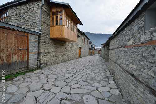 Street view on cobblestone street in the Lahic mountain village of Azerbaijan photo