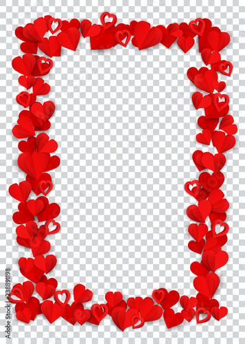 Vertical rectangle frame consisting of many small red paper hearts on transparent background