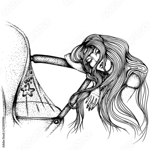 Portrait of sleeping next to the pram tired mother. Vector hand drawn illustration. Monochrome drawing isolated on white background