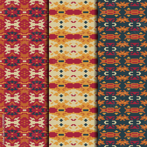 Set of 3 seamless patterns tribal design. Ethnic textile prints. Vector fashion backgrounds.