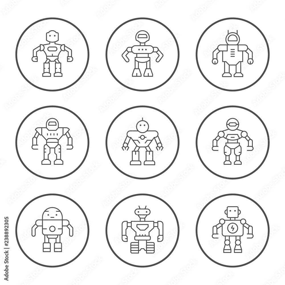 Set round line icons of robot