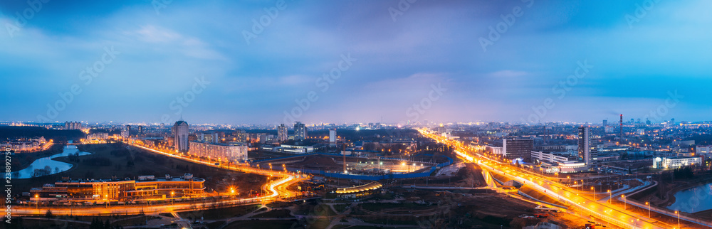 Minsk, Belarus. Top View Skyline Cityscape In Bright Blue Hour E
