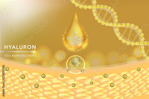 Hyaluronic acid skin solutions ad, gold collagen serum drop with cosmetic advertising background ready to use, vector illustration.