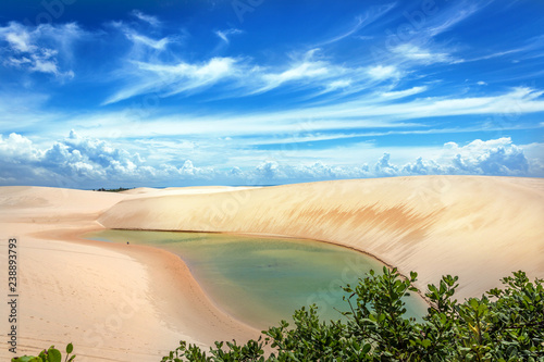 A fresh water lagoon with green vegetation in the foreground in Lencois Maranhenses in northern Brazil photo