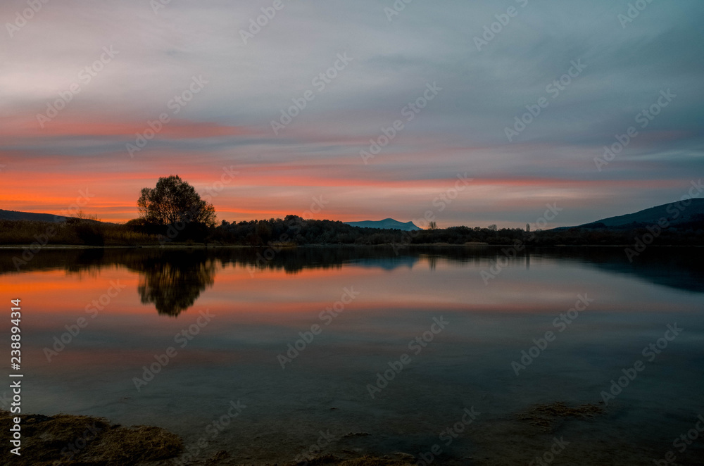 Sunset in the Ullibarri-Gamboa reservoir. Alava, Basque Country, Spain
