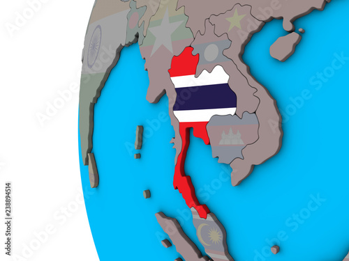 Thailand with national flag on blue political 3D globe.