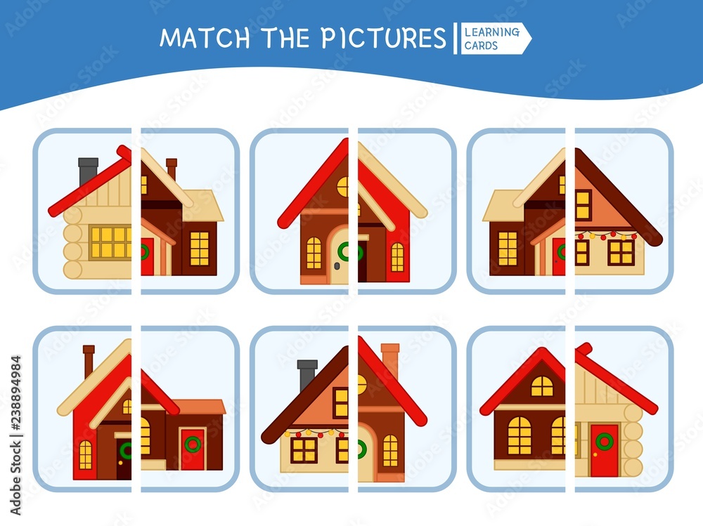Matching children educational game. Match parts of cartoon house. Activity for pre sсhool years kids and toddlers.