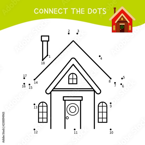 Educational game for kids. Dot to dot game for children. Cartoon house.