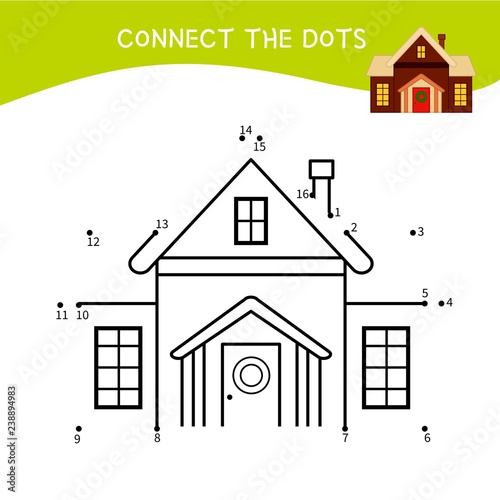Educational game for kids. Dot to dot game for children. Cartoon house.