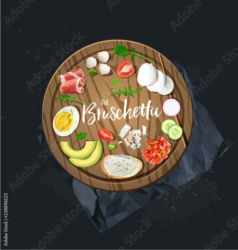 The type of bruschetta on the wooden board. Ingredients for toast bread.