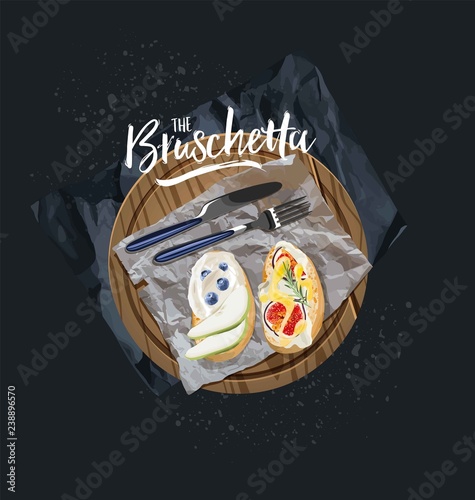 The type of bruschetta on the wooden board. Ingredients for toast bread.