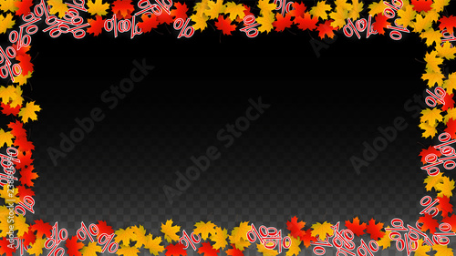Vector Percentage Sign and Autumn Leaves Confetti on Transparent Background. Percent Sale Background. Business, Economics, Finance Print. Discount Illustration. Promotion poster. Black Friday Banner. 