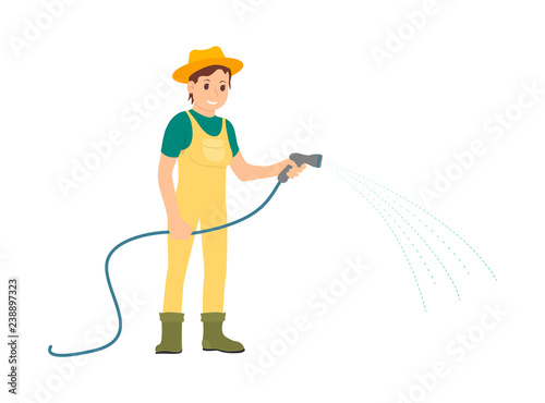 Farmer with Equipment Working on Farm Cartoon Icon