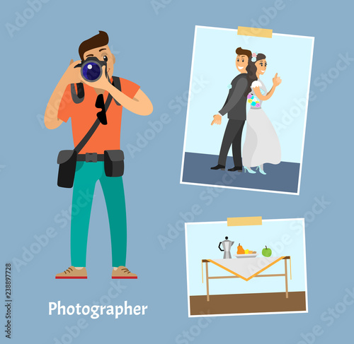 Photographer with Digital Camera and Photographs