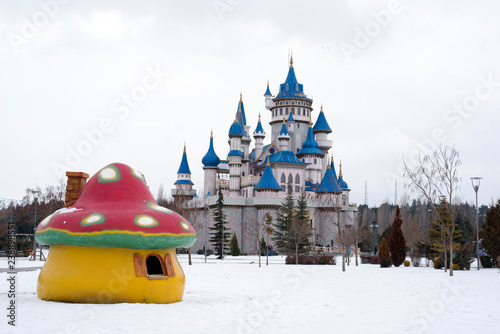 Eskisehir, Turkey, January 28 2017: View of Fairy Tale Castle (Masal Satosu) inside Sazova Park or with another name Science Art and Culture Park in Winter Time, Famous Landmark of Eskisehir, Turkey.  photo