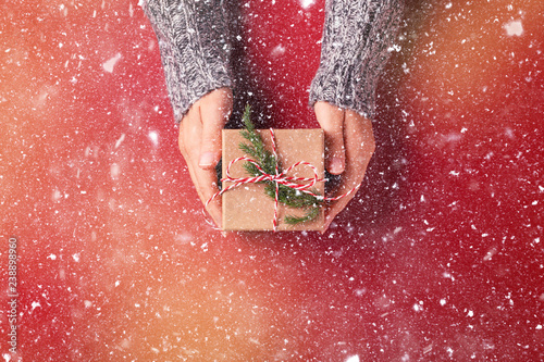 Female's hands in pullover holding Christmas gift box decorated with evergree...