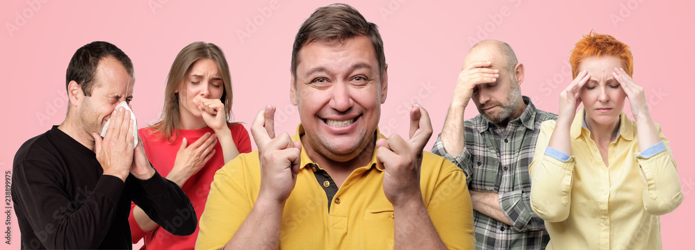 Obraz premium Horizontal collage portrait of several people being ill. Mature man in the middle crossing fingers. He is afraid to catch flu.