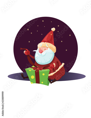 Santa Claus unpacks his gift. Vector illustration, background, greeting card.