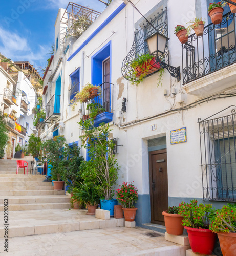 Fototapeta Naklejka Na Ścianę i Meble -  Beautiful street with flowers in the old city of Alicanten on a sunny day