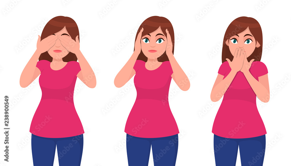 Set of young woman closing/covering her eyes, ears and mouth like the
