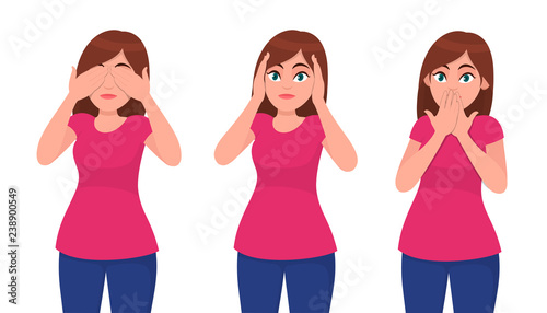 Set of young woman closing/covering her eyes, ears and mouth like the three wise monkeys. Do not see, hear and speak concept. Human emotion and body language concept illustration in vector cartoon.