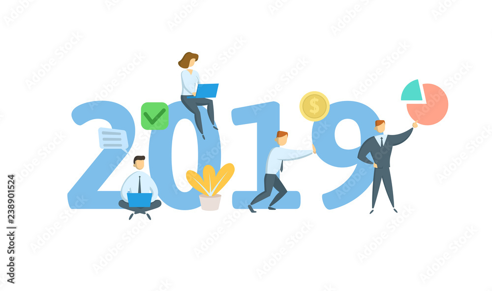 Banner concept for new year 2019. Concept with keywords, letters and icons. Colored flat vector illustration. Isolated on white background. Banner concept for new year 2019. Concept with keywords, letters and icons. Colored flat vector illustration. Isolated on white background.