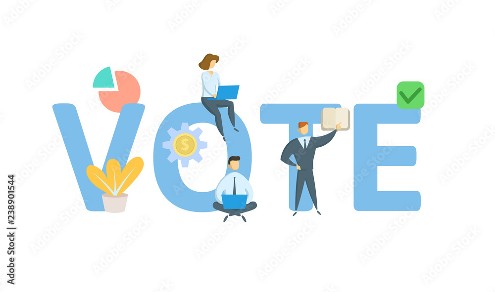 Vote banner with people. Concept with keywords, letters, and icons. Colored flat vector illustration. Isolated on white background. Vote banner with people. Concept with keywords, letters, and icons. Colored flat vector illustration. Isolated on white background.