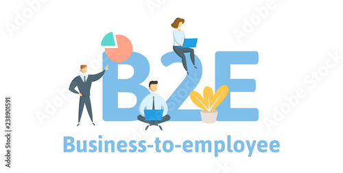 B2E, business to employee. Concept with keywords, letters, and icons. Colored flat vector illustration. Isolated on white background.