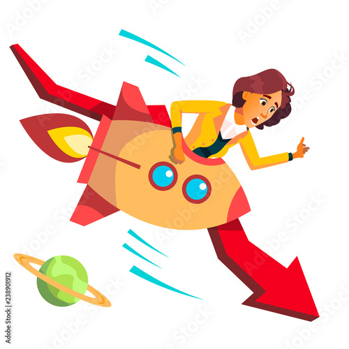Business Woman Riding A Rocket Falls Down On Background Of Falling Red Arrow Vector. Illustration