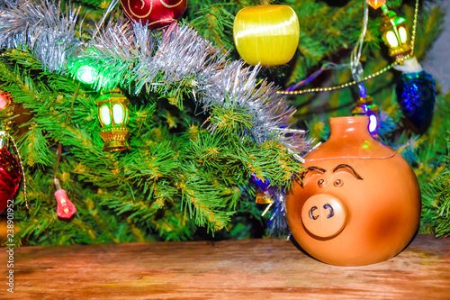 New Year's card yearof the pig piglet doll pots on the background of a dressed Christmas tree photo