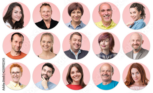 Collection of circle avatar of people. Young and senior men and women faces on pink color. Positive human emotion. Concept of divercity and individuality in modern community.