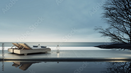 Beach lounge - Sun lounger on Sea view for vacation and summer / 3d render interior